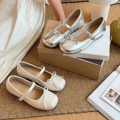 Silver Square Head Light Mouth Mary Jane Single Shoes Women's 2025 New French Bow Word with Ballet Flats