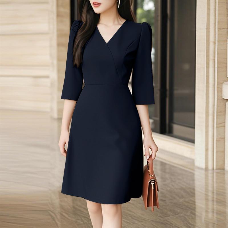 ZANZEA Rochie elegantă casual pentru femei cu gât în V, culoare uni, mâneci 3/4