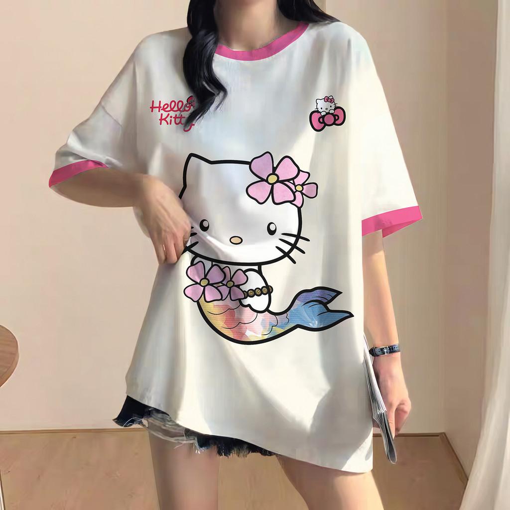 Korean style loose-fitting T-shirt, Hello Kitty soccer T-shirt, sports T-shirt, streetwear.