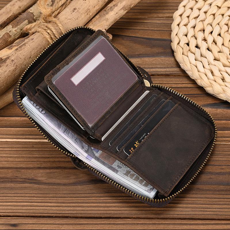 Crazy Horse Leather Wai Zipper Short Wallet With Change Bag Men'S Retro First Layer Cowhide Wallet Small Wallet