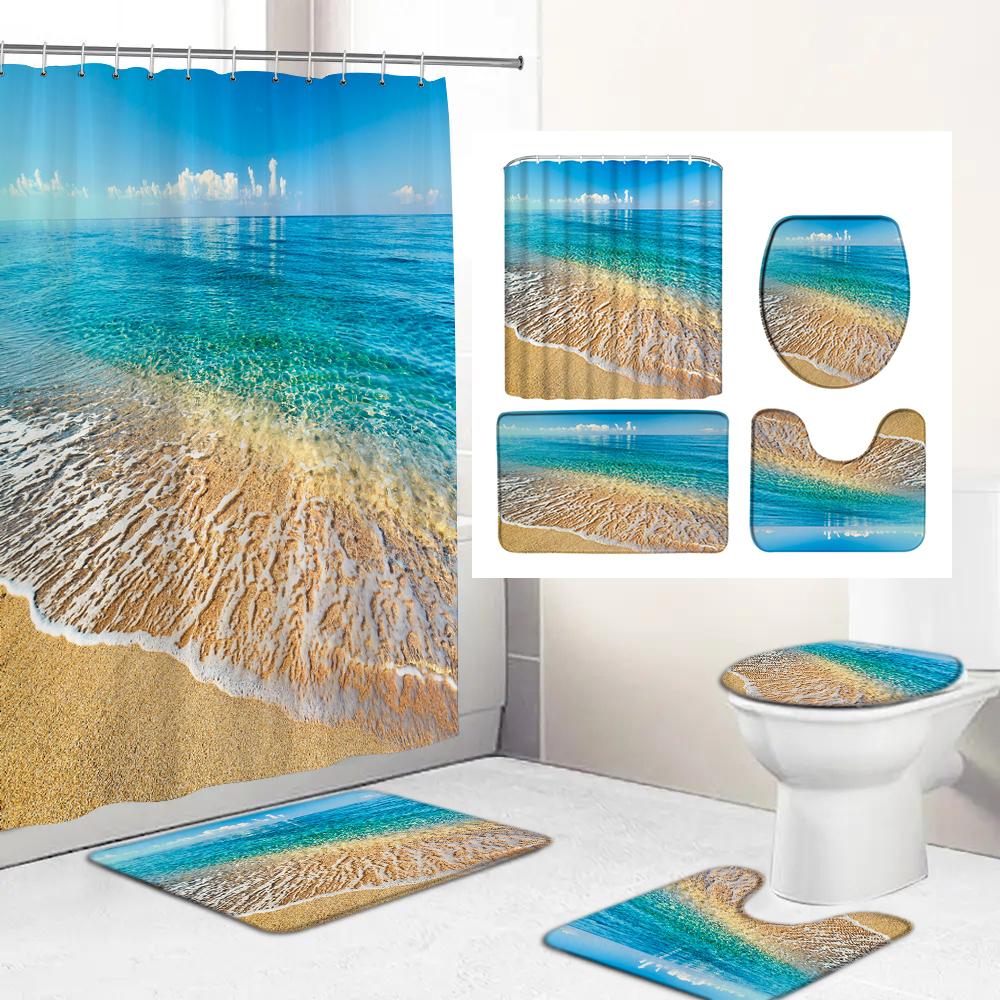 Seaside Scenic Beach Bath Curtain Sea Ocean Print Shower Curtains Bath Mat Set Polyester Waterproof Toilet Rugs Anti-Slip Carpet