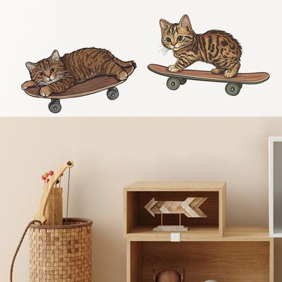 Cartoon-Kätzchen spielt Skateboard Schlafzimmer Wohnzimmer Zuhause Hintergrund Verschönerung Dekoration Wandaufkleber