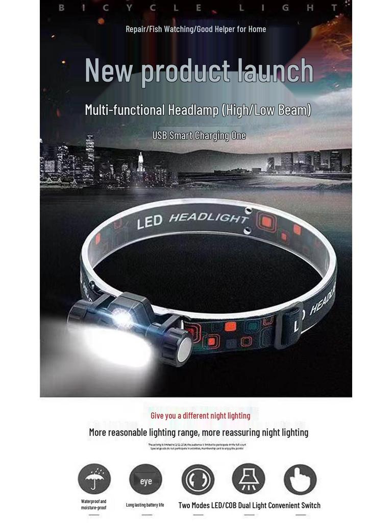 USB Rechargeable LED Headlamp with Far and Near Beam for Outdoor Activities