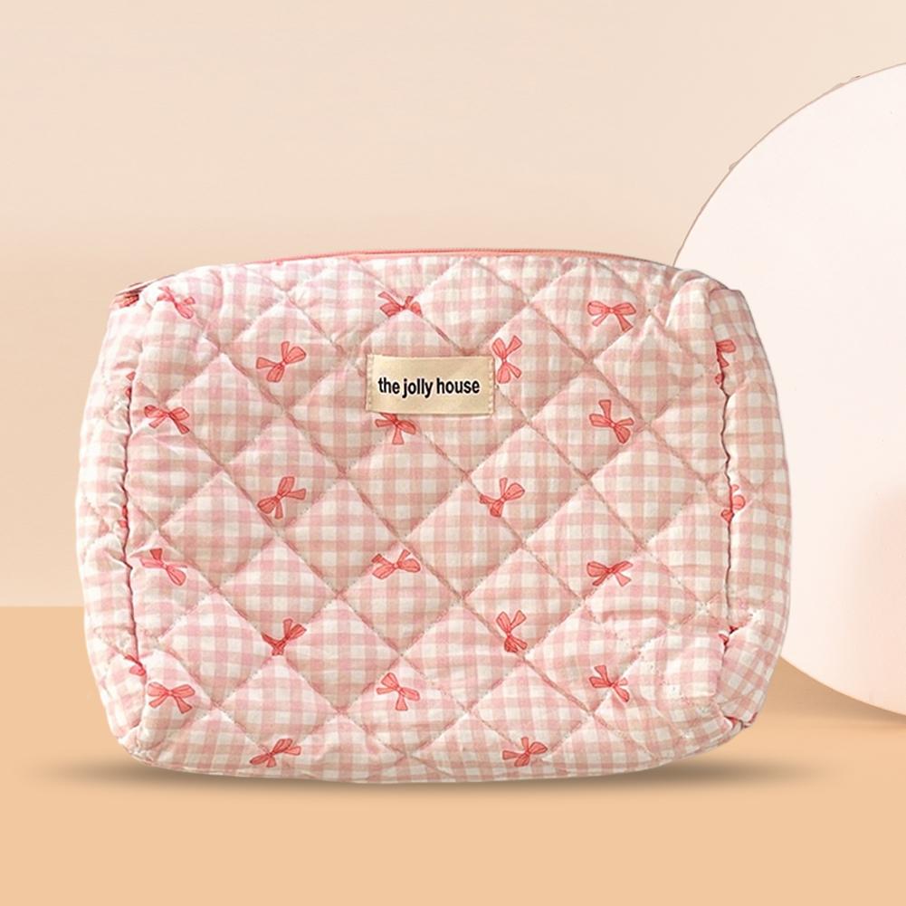 Checkered Cute Bow Travel Makeup Pouch with Zipper Toiletry Bag Cotton Quilted Cosmetic Organizer Case for Women and Girls