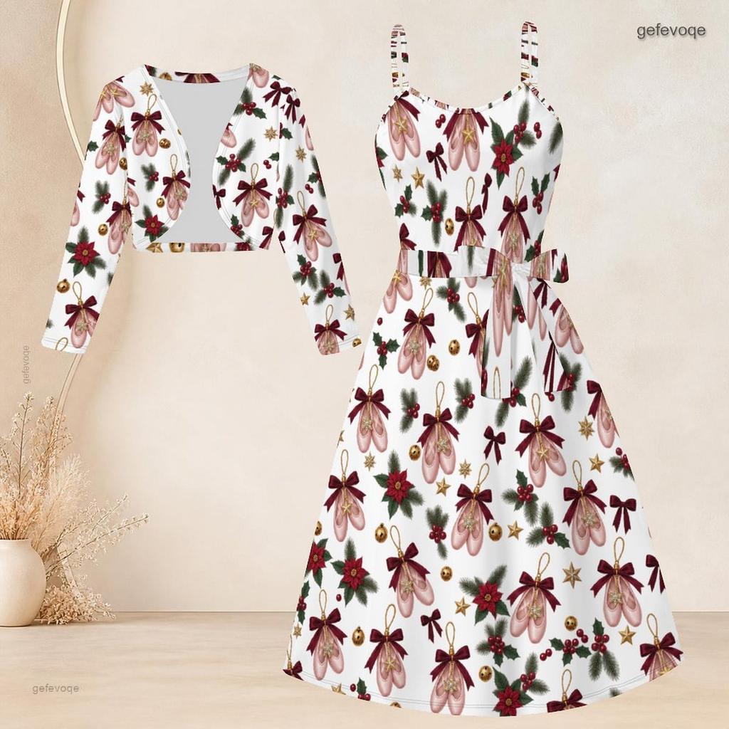 Women Plus Size Two Piece Set Long Sleeve Cropped Shrug Strappy Tie Waist Christmas Bear Printed White Dress