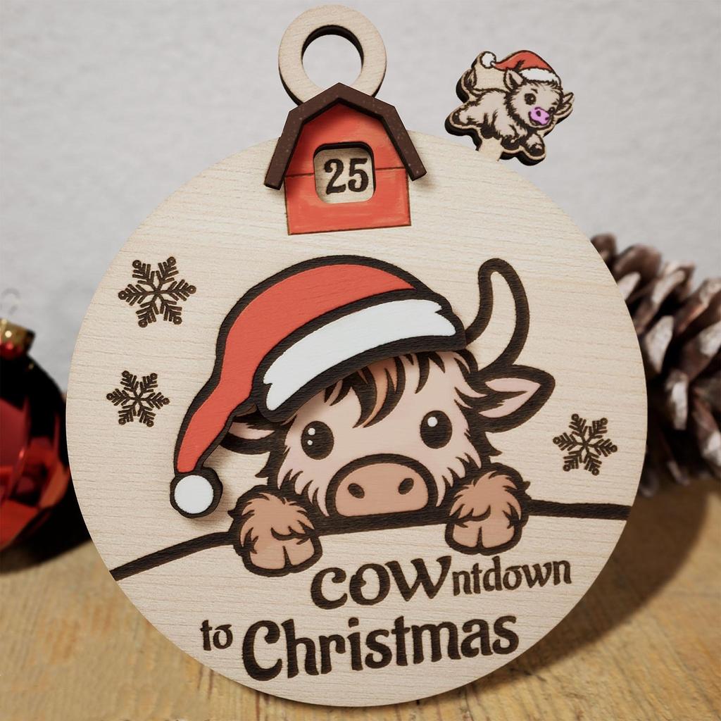 Cow-Themed Christmas Countdown Sign Cartoon Wooden Holiday Countdown Decor