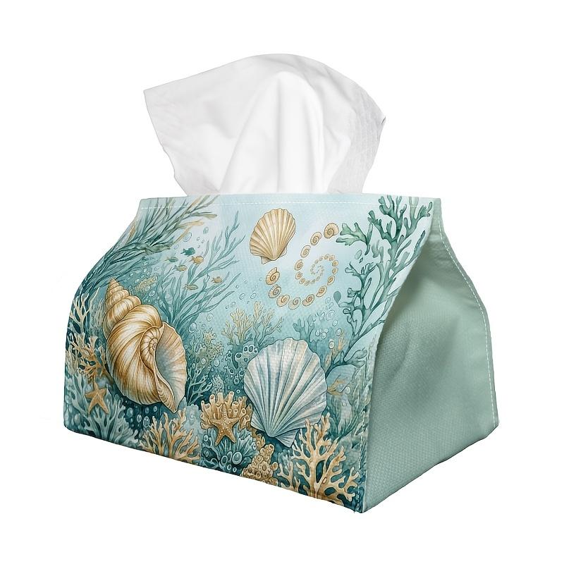 2D Flat 1pc Underwater Watercolor Illustration Tissue Box, Coral Shells And Fish Pattern, Fabric Versatile Decorative Organizer for Kitchen And Living
