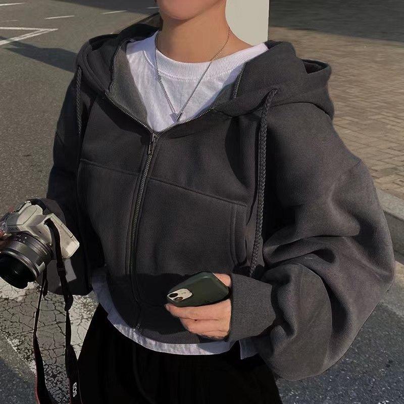 Dámské Mikiny Bunda Podzimní Vintage Jednobarevné Mikiny na zip Oversized mikiny Harajuku Korejská verze Dlouhý rukáv Bundy s kapucí Kabát