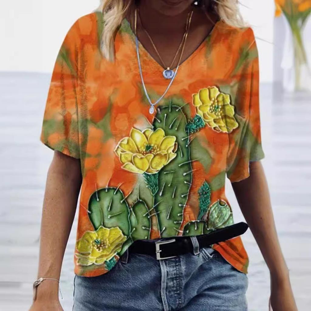 Sommer Graffiti Blume 3D-gedrucktes Kurzarm Damen V-Ausschnitt Buntes Lässiges Vielseitiges T-Shirt