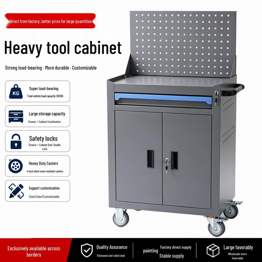 Armoire à outils mobile robuste avec tiroirs et roues - Chariot de rangement à double porte à pousser à la main