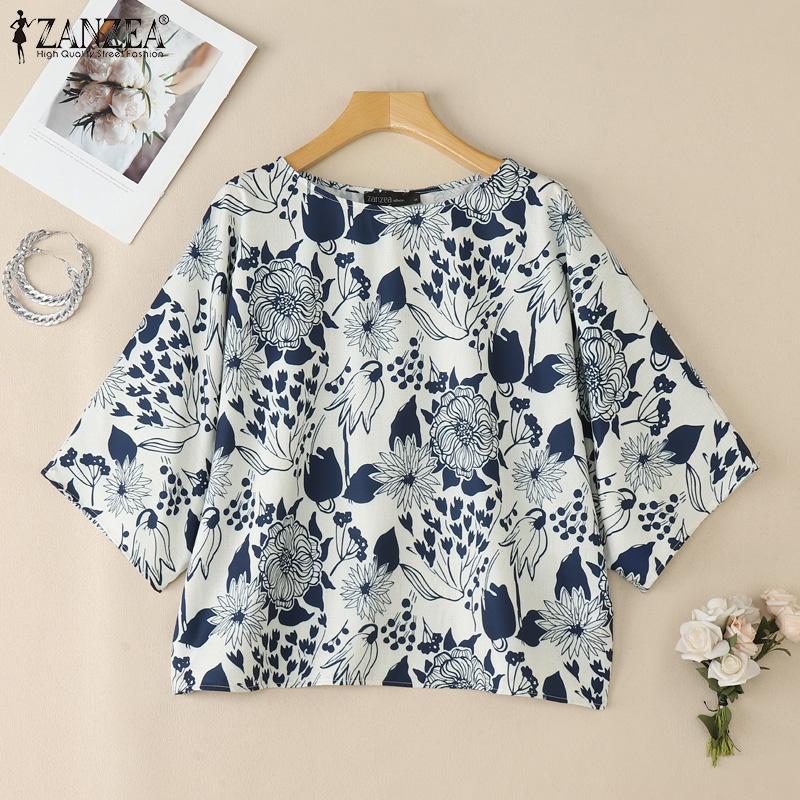 

ZANZEA Women Casual Round Neck Loose 3/4 Sleeve Print Blouse S білий