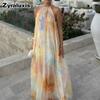 Summer New Women's Clothing Dresses Casual Loose Printed V-Neck Open Shoulder Long Dress