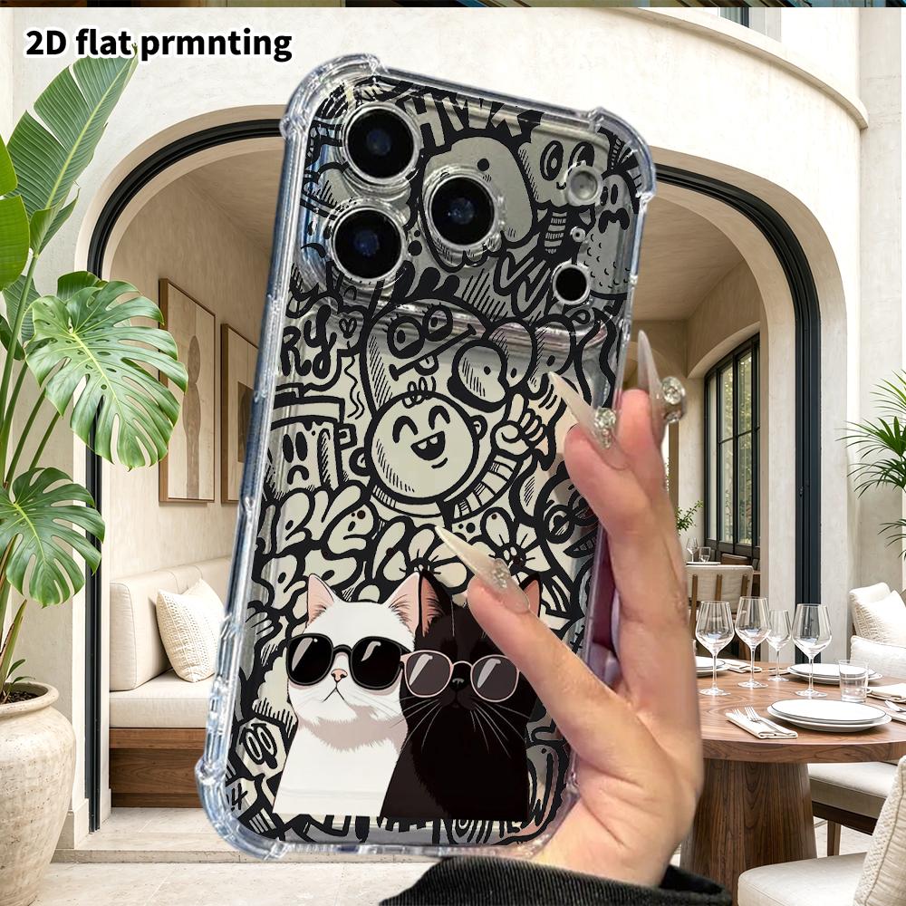 Phone Case: 2D flat suitable for iPhone 18 17 16 15 14 13 Pro, transparent four corner protective case, sunglasses double cats, Christmas and Hallowee
