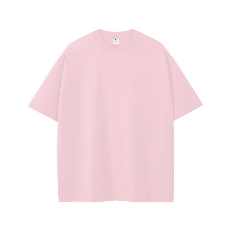 Men's Oversized Round Neck Logo T-Shirt - Solid Color, Drop Shoulder, Pure Cotton, European Size 200g