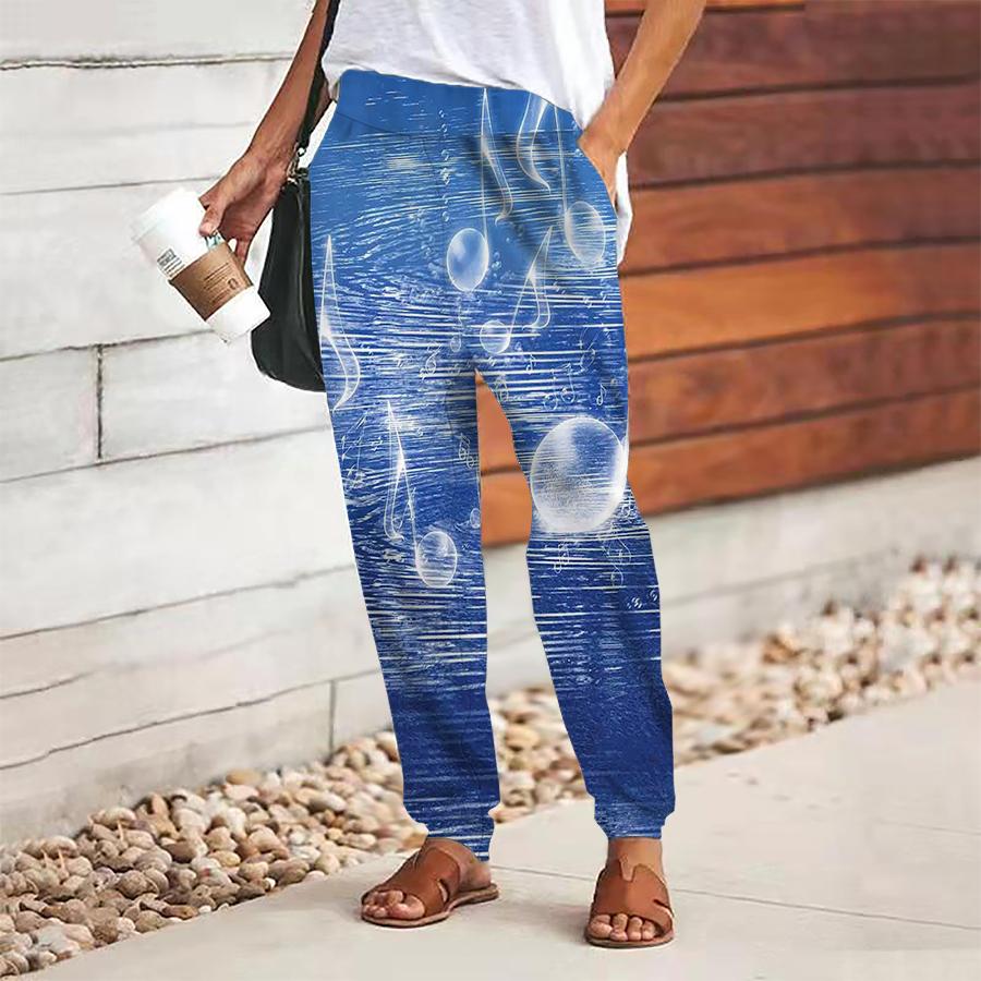 Women Musical Note Printing Pants Lace Up Elastic Waist Loose  Trousers Casual Long Pants Trousers with Pockets