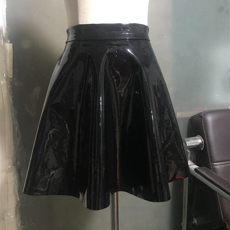 Women Dark Style Shiny Pu Leather Pleated A Line Mini Skirt