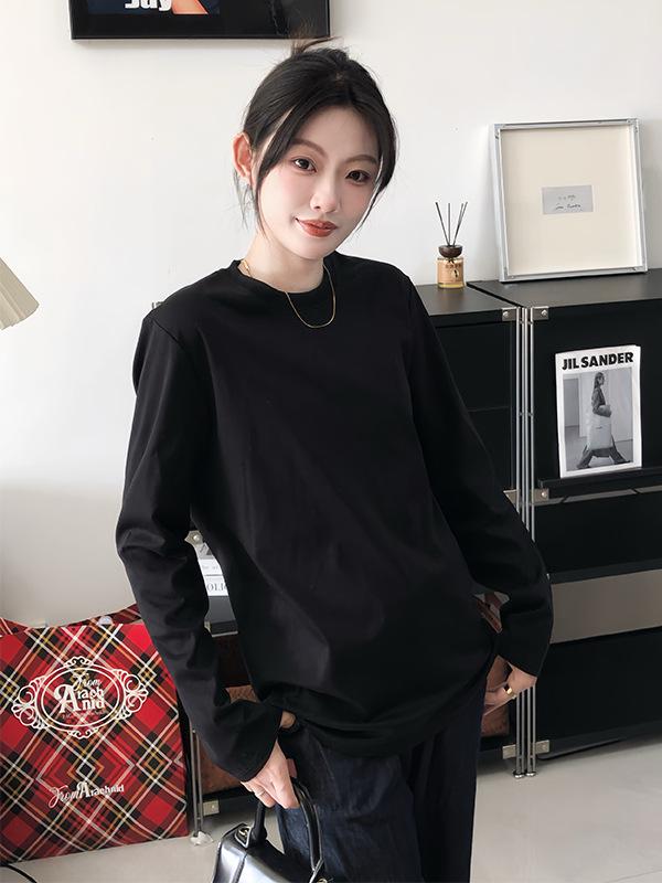 2026 Spring Women's Slimming Loose-Fit Solid Color Long Sleeve Round Neck T-Shirt