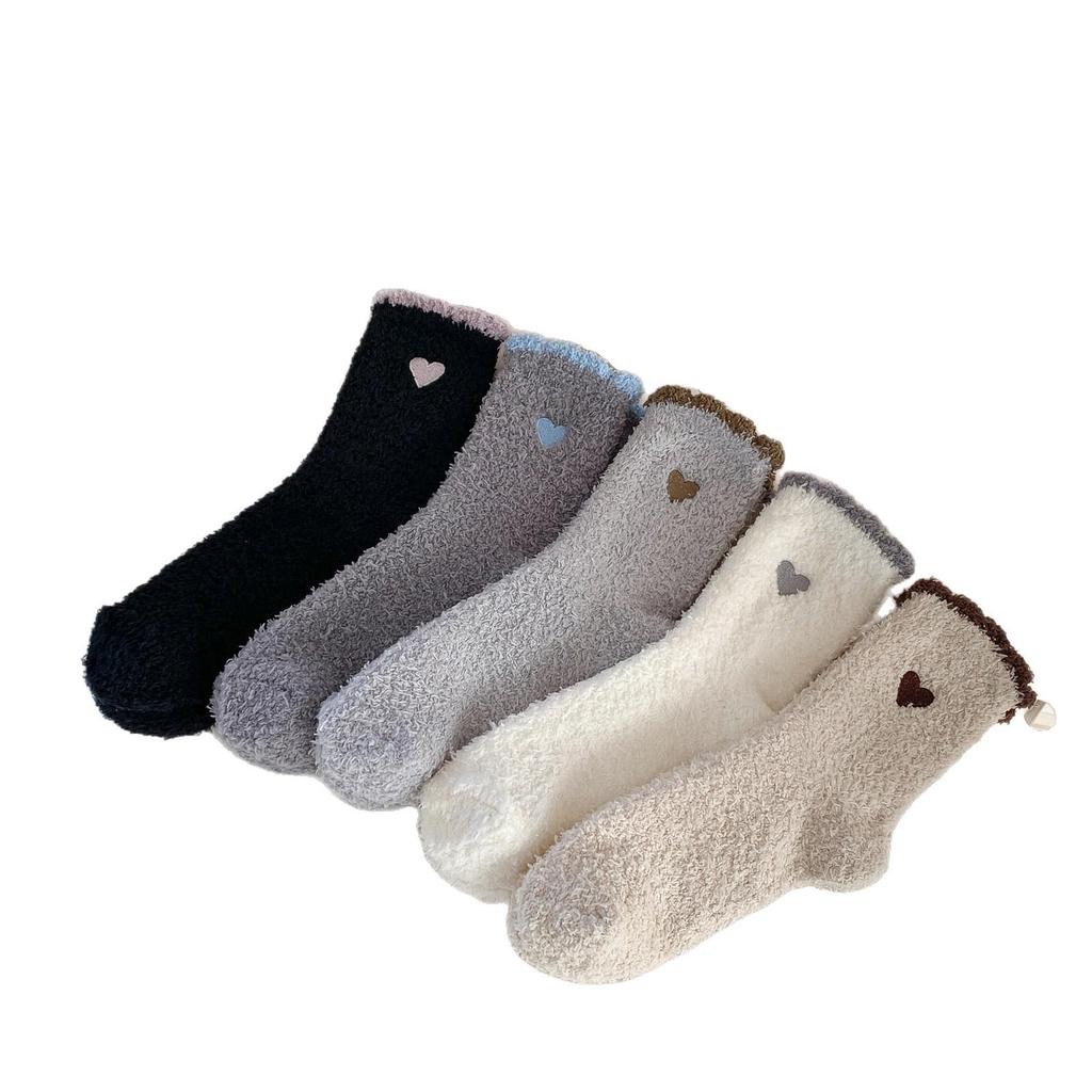Women's Embroidered Heart Coral Fleece Sleep Socks – Non-Shedding Floor Socks
