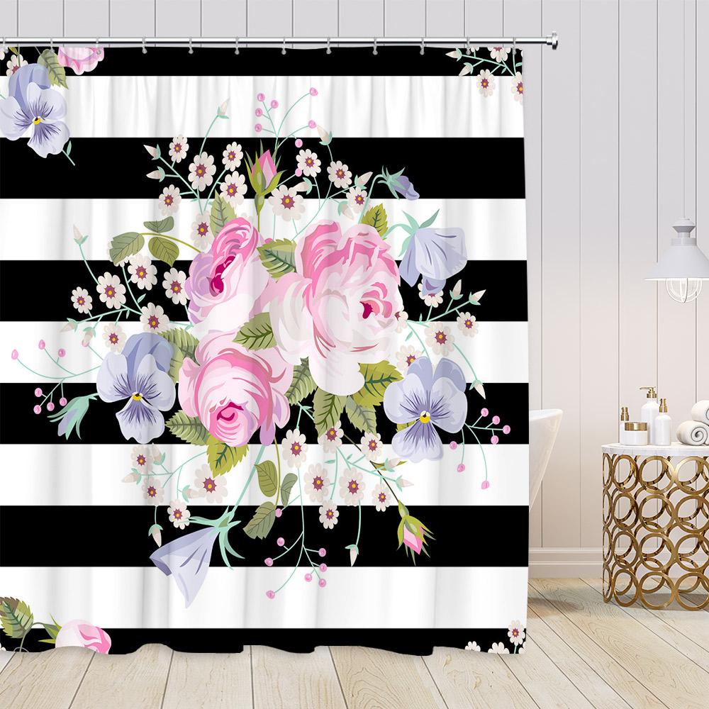Pink Perfume Shower Curtains Cosmetics High Heels Flowers Black White Stripes Bathroom Decor Girl Fashion Vintage Bath Curtain