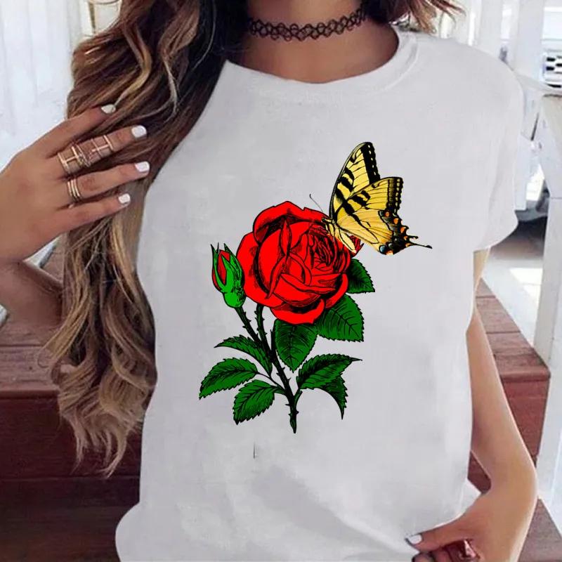 Woman Butterfly Tree Print Harajuku Summer Tshirts Casual Round Neck Short Slee Top Tee Shirt Women Black T-shirt Drop Ship