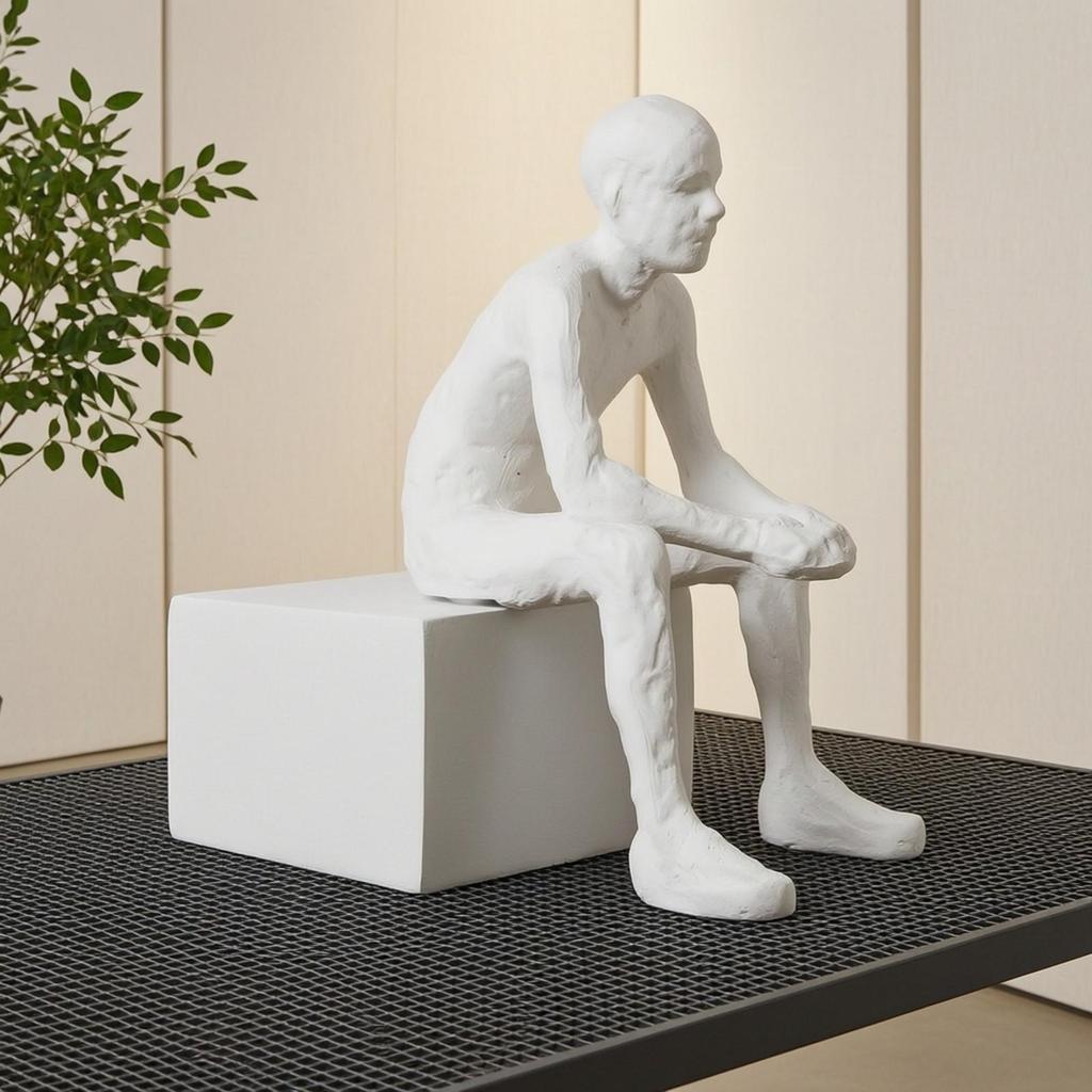 White Seated Thinker Statue Minimalist Hand-Finished Sculpture Versatile
