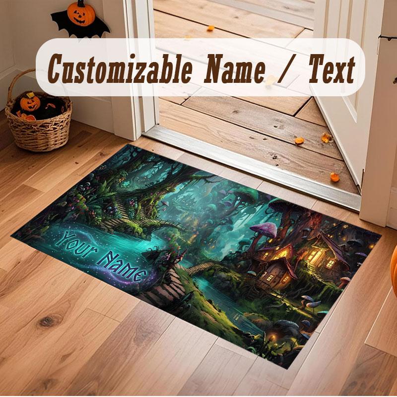 Mushroom Forest Theme Crystal Velvet Floor Rug Personalized Custom Name Text Warm Carpet Home Decoration