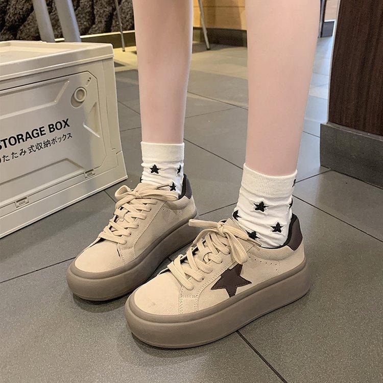 Thick-soled Matte Leather Star Shoes Women's 2025 New Autumn and Winter Versatile Sports and Leisure Shoes Heightening Lace-up Breadboard Shoes
