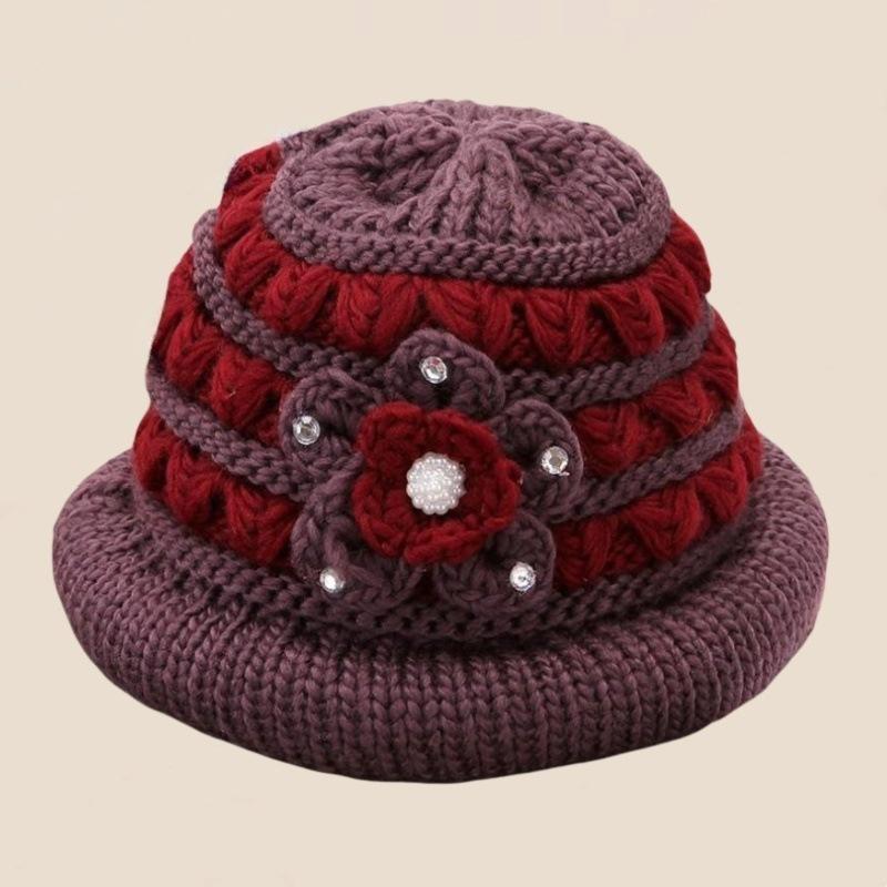 Winter New Middle-aged and Elderly Mothers' Hats with Velvet and Thickening Grandma Pullover Hats with Ear Protection and Warm Knitted Woolen Hats