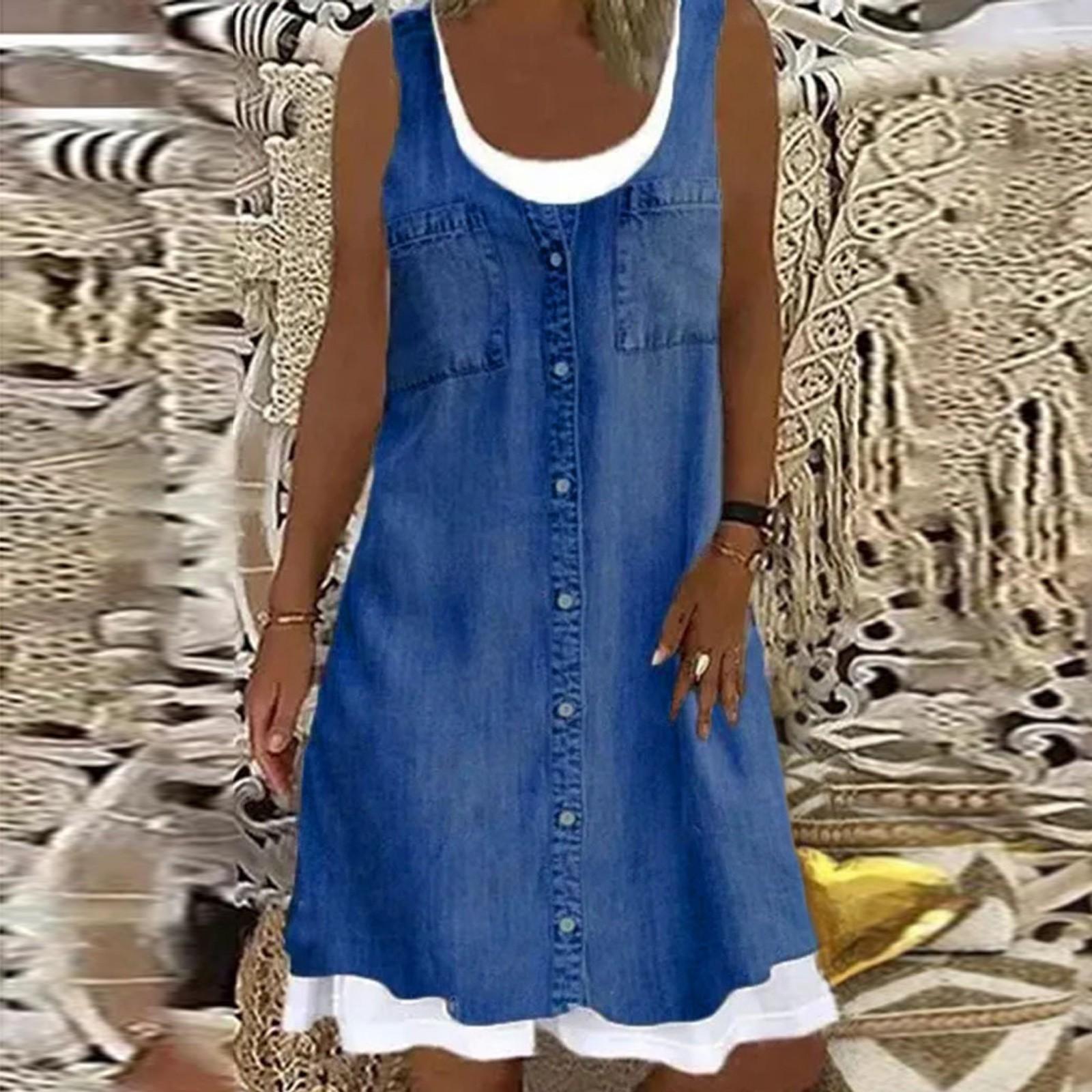 

Модное женское свободное повседневное платье без рукавов с фальшивым воротником и круглым вырезом XL темно-синий