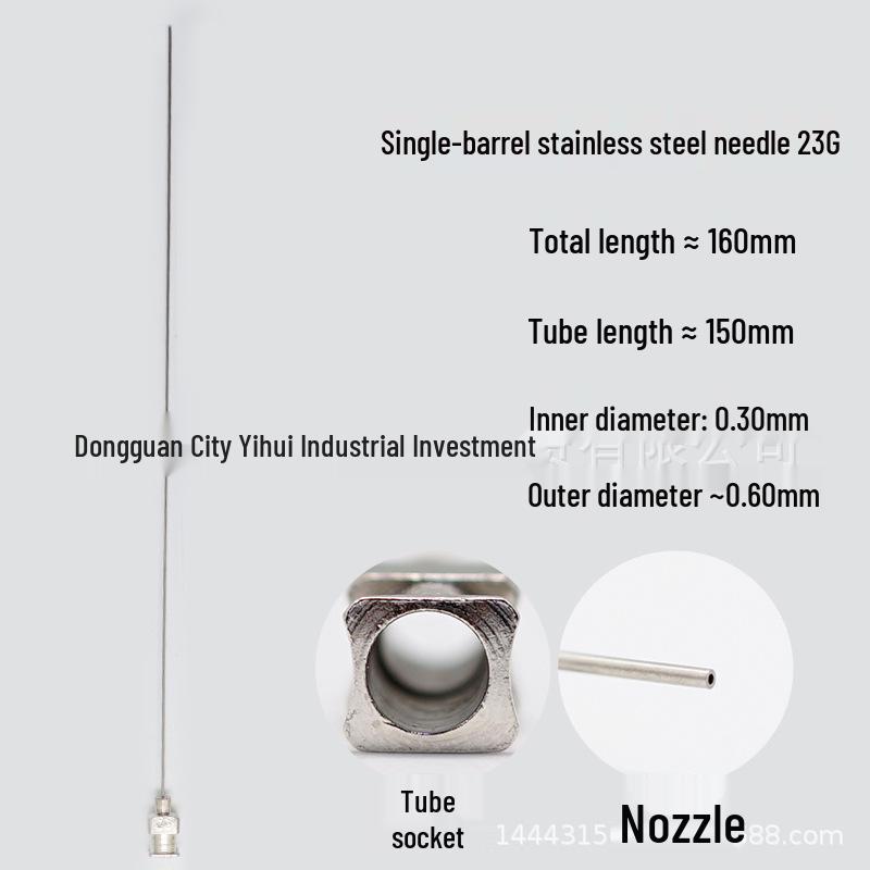 Stainless Steel Dispensing Syringe: 160mm Total Length, 150mm Tube, Pointed Tip, Flat Opening