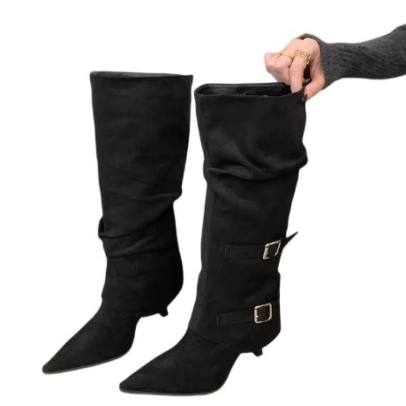 Fashion Women High Boots Sexy Pointed Toe High Heels Shoes Suede Pleated New Winter Fashion Chelsea Boots Dress Party  Pumps Woman Botas