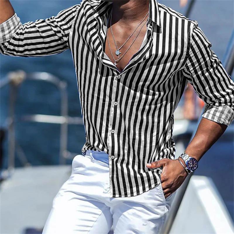 Fashion Lapel Shirt Striped Plaid Blue Green Shirt Tiger Totem Black White HD Pattern Cuban Broken Collar Fashion Popular