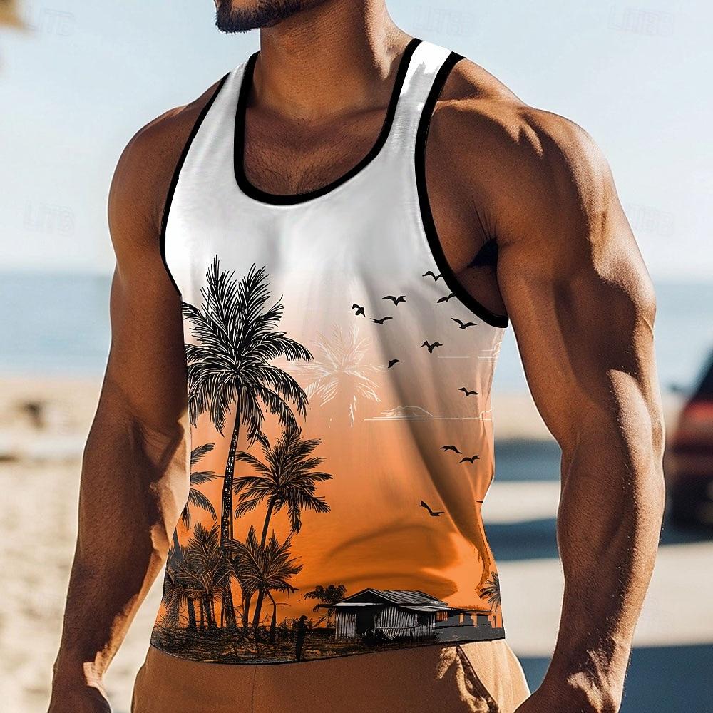 Men s Palm Tree Sunset Beach Hut Tropical Seagull Graphic Tank Top Vest Sleeveless Shirt S