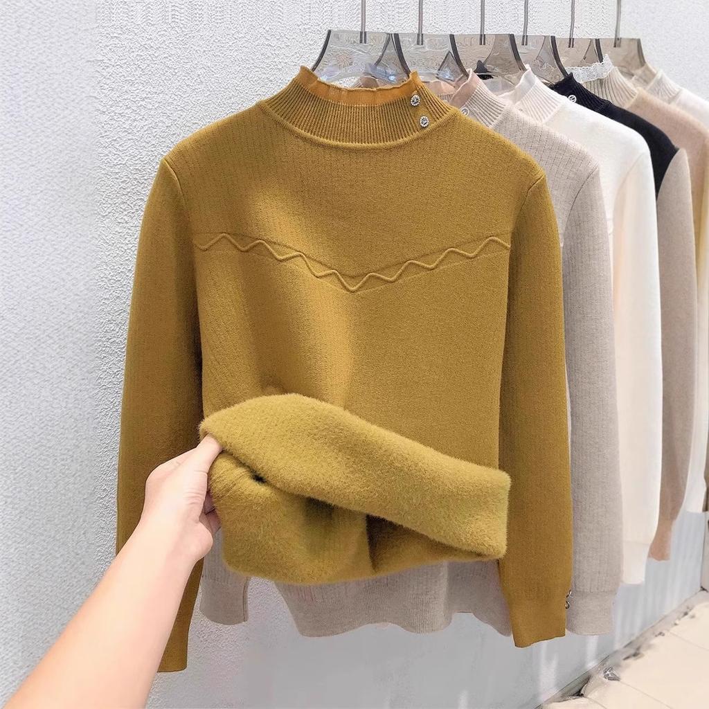 Women's Sweater Autumn/Winter Plush Warm Sweater Stylish Casual Half High Collar Knitted Sweater