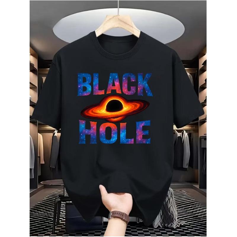 Black Hole Print 2 Men's Casual Digital Print T-Shirt - Short Sleeve, Street Hip-Hop Style, Summer European and American Fashion Trend, Sporty Style