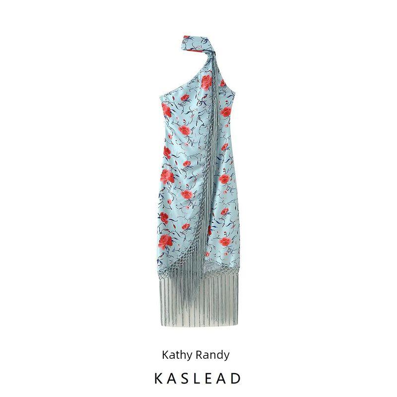 Kaslead New Women Clothes Western Style Fashion Simple Decorated Tassel Print Sloping Shoulder Hanging Neck Long Dress