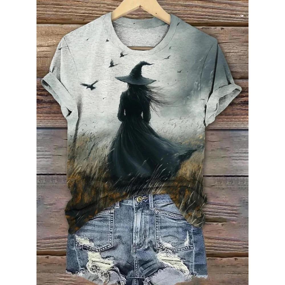 Fashion Women Retro Creative Witch Print T Shirt Funny Casual O-neck Short Sleeves T-shirt Summer Female Tee Shirt Halloween Limited Edition