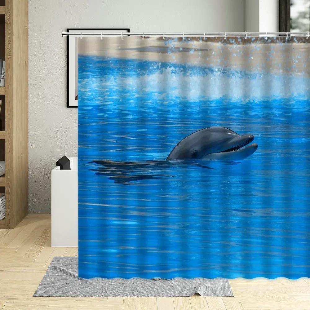 Ocean Sea Animal Dolphin Fish Waterproof Shower Curtain Creative Deep Sea Child Bathroom Decor Screen With Hooks Curtains Set