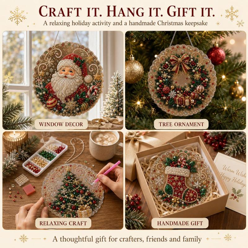 Christmas Pearl Suncatcher Kit, Diy Craft Pre-Assembled Metal Chain, Acrylic Round Board With Lace