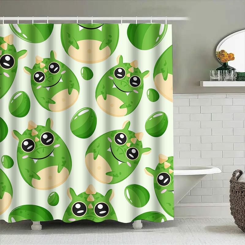 

Adorable Green Dragon Print Shower Curtain 3D Cartoon Water Drop Design for Bathroom Decor (White Background) 90x180cm