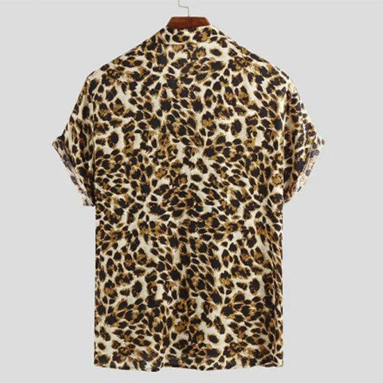 Men Summer Lapel Short Sleeve Shirt Top Leopard Print Single-Breasted Thin Hawaiian Beach Casual Shirt Streetwear