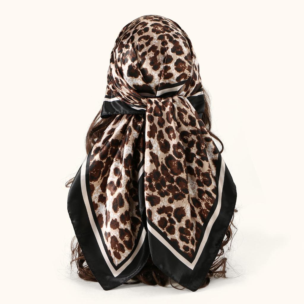 - Leopard Print Frame Satin Versatile Square Scarf Women'S Temperament Fashionable High-Quality Imitation Silk Scarf