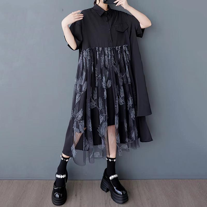 

XITAO Patchwork Mesh Single Breasted Dress GYX1630 One Size чорний