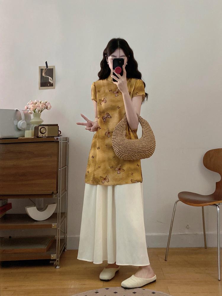2026 Retro Chinese Style Maternity Qipao Top + Skirt: Fashionable Summer Two-Piece Set M