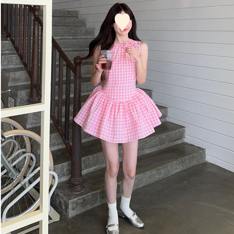 Design sense niche plaid vest sleeveless dress summer new cute girl waist strap a word short skirt