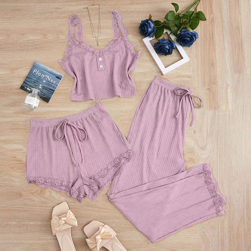 Popular Women's Three-Piece Lace Trim Pajama Set: Camisole, Shorts, and Long Pants