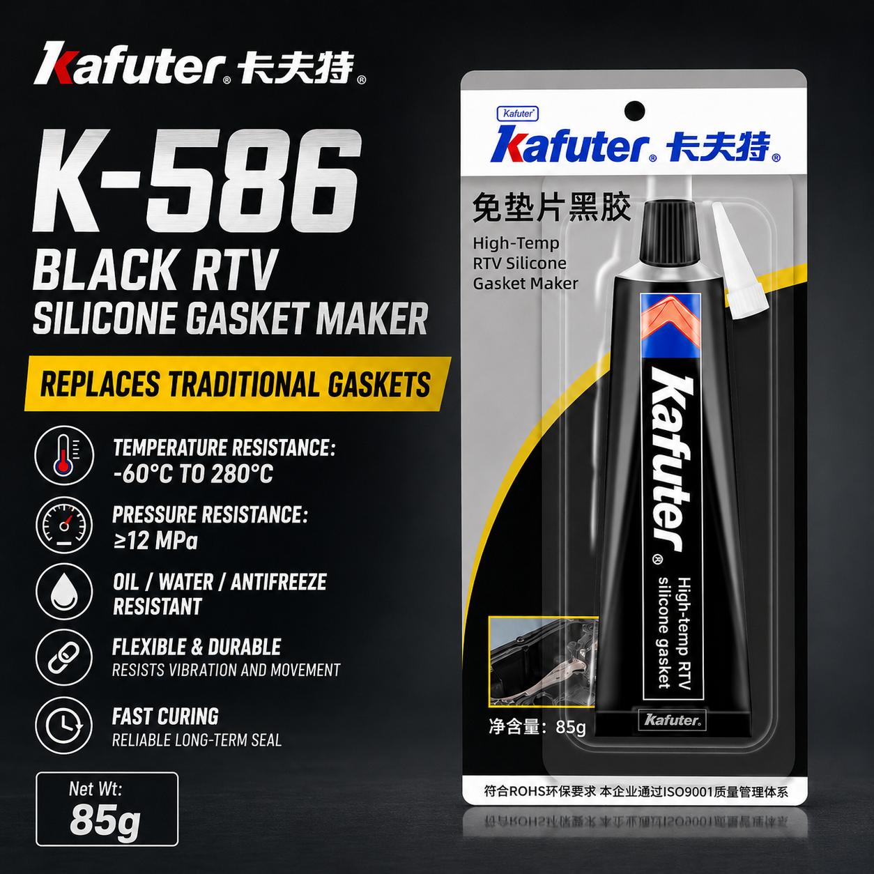 Original Kafuter K-586 Black Silicone Sealant Waterproof Oil Resistant Gasket Maker for Auto Engine Gearbox K-586 85G