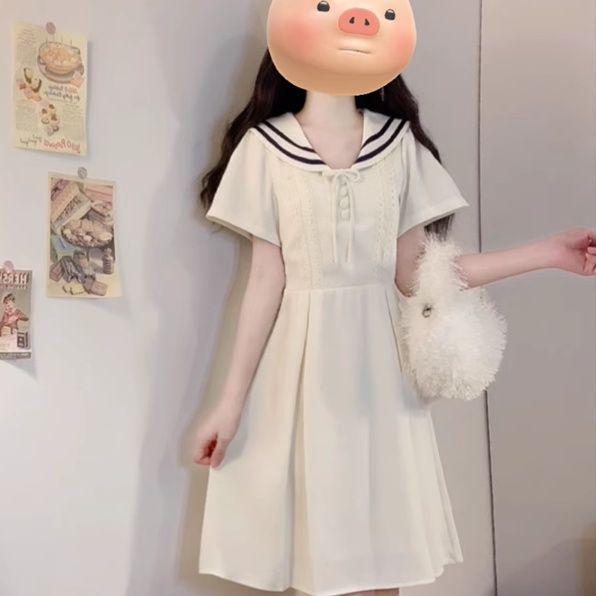 Summer Academy Style Navy Collar Bow Dress for Students - Sweet, Soft, Waist-Cinching Short Skirt S