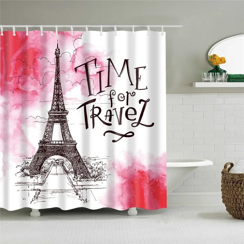 Paris Eiffeltornet Tryck Badrum Duschdraperi Vattentät Badrumsinredning Gardiner Bergskog Badrumsgardin Med Krokar