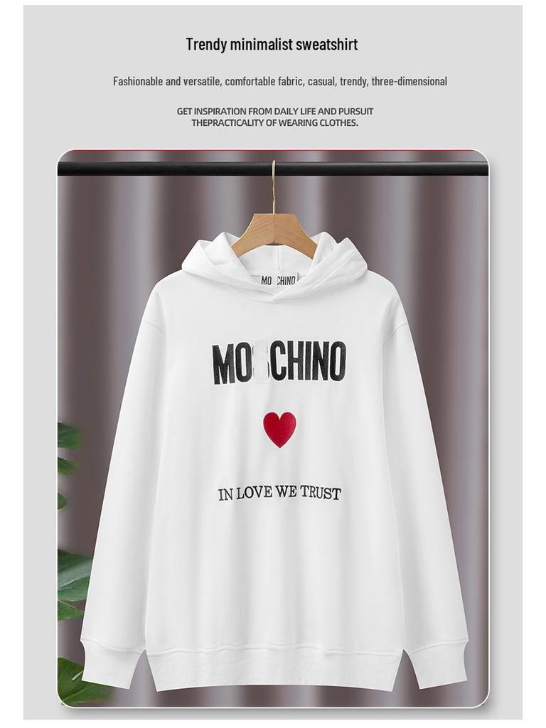 Mos Big Name Style Hoodie med Hjärtmönster - 2025 Höst/Vinter Casual Lös Passform Tröja